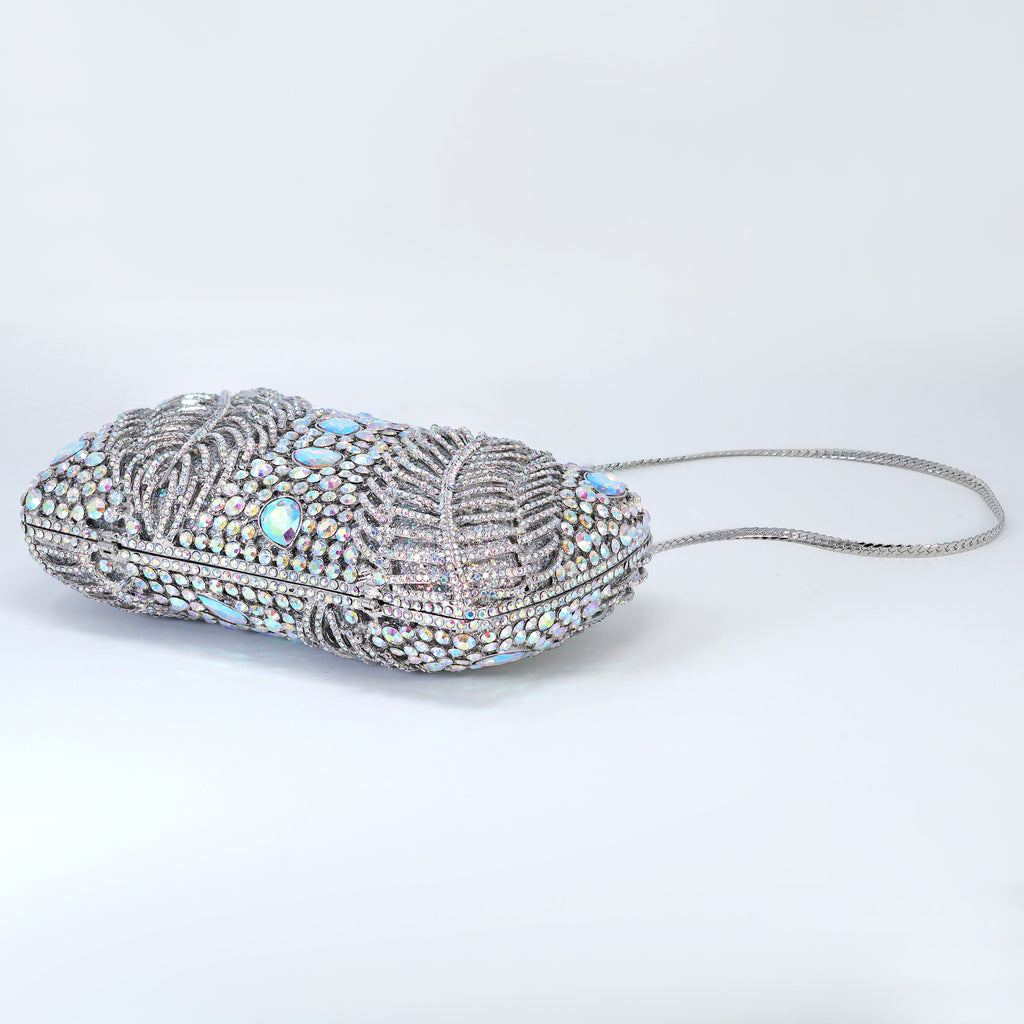 Silver Blue AB Crystal Embellished Falling Feathers Wedding Clutch, Statement Bag, Evening Wedding Clutch, Cross Body Bag