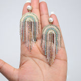 Something Blue Swarovski AB Crystal Pearl Chandelier Diamond Earrings, Gold Long Tassel Bridal Jewelry, Rhinestone Statement earrings