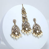 Chandelier Mirror Statement Earrings And Headpiece Set, Mirror Earrings, Indian Long Bridal Jewelry, Pearl Bridal Earrings