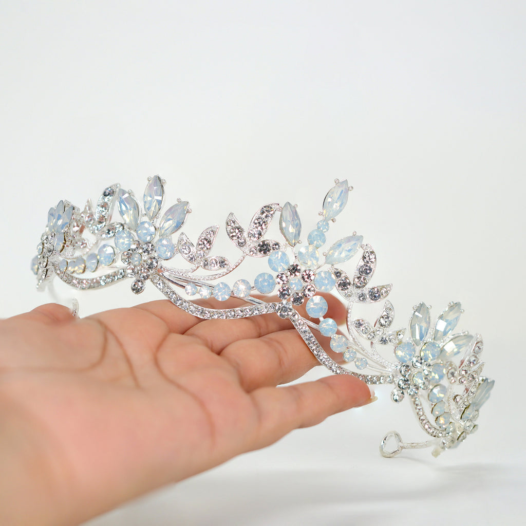 Swarovski Crystal Something Blue Opal Floral Leaves Tiara , Bridal Tiara, Crystal Wedding Tiara, Crystal Wedding Crown, Tiara Bride