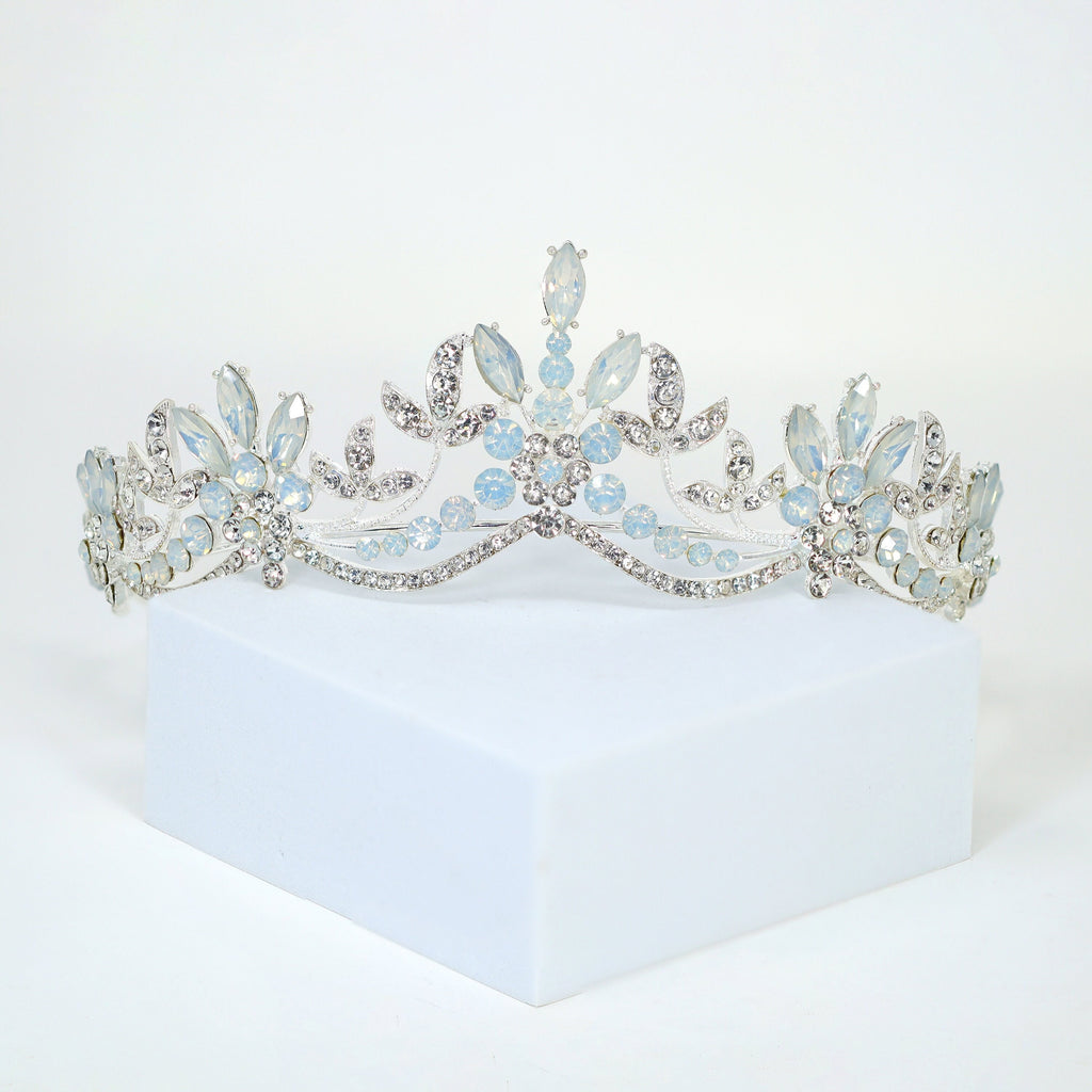 Swarovski Crystal Something Blue Opal Floral Leaves Tiara , Bridal Tiara, Crystal Wedding Tiara, Crystal Wedding Crown, Tiara Bride