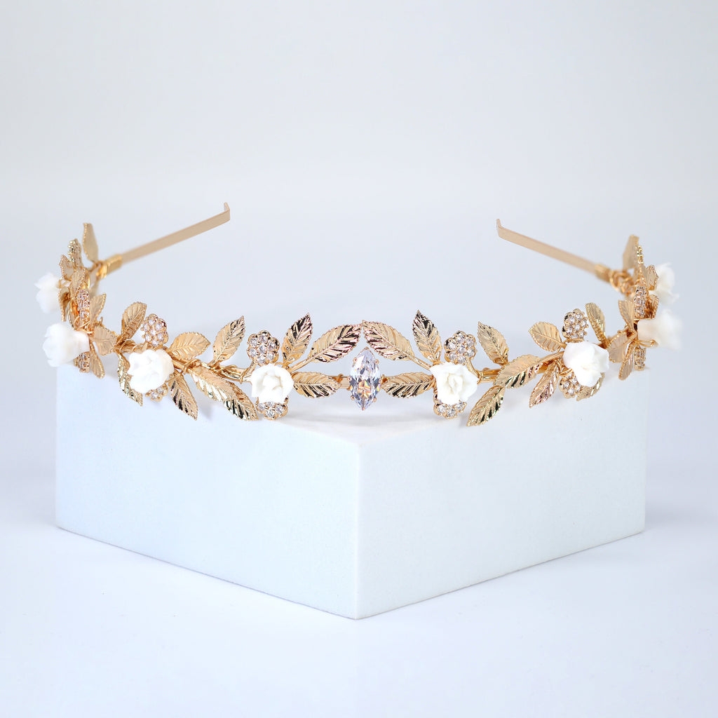 Swarovski Crystal And Porcelain White Flower Starlit Rose Garden Vine Leaves Queen Tiara/Headband , Bridal Crown, Wedding Tiara.