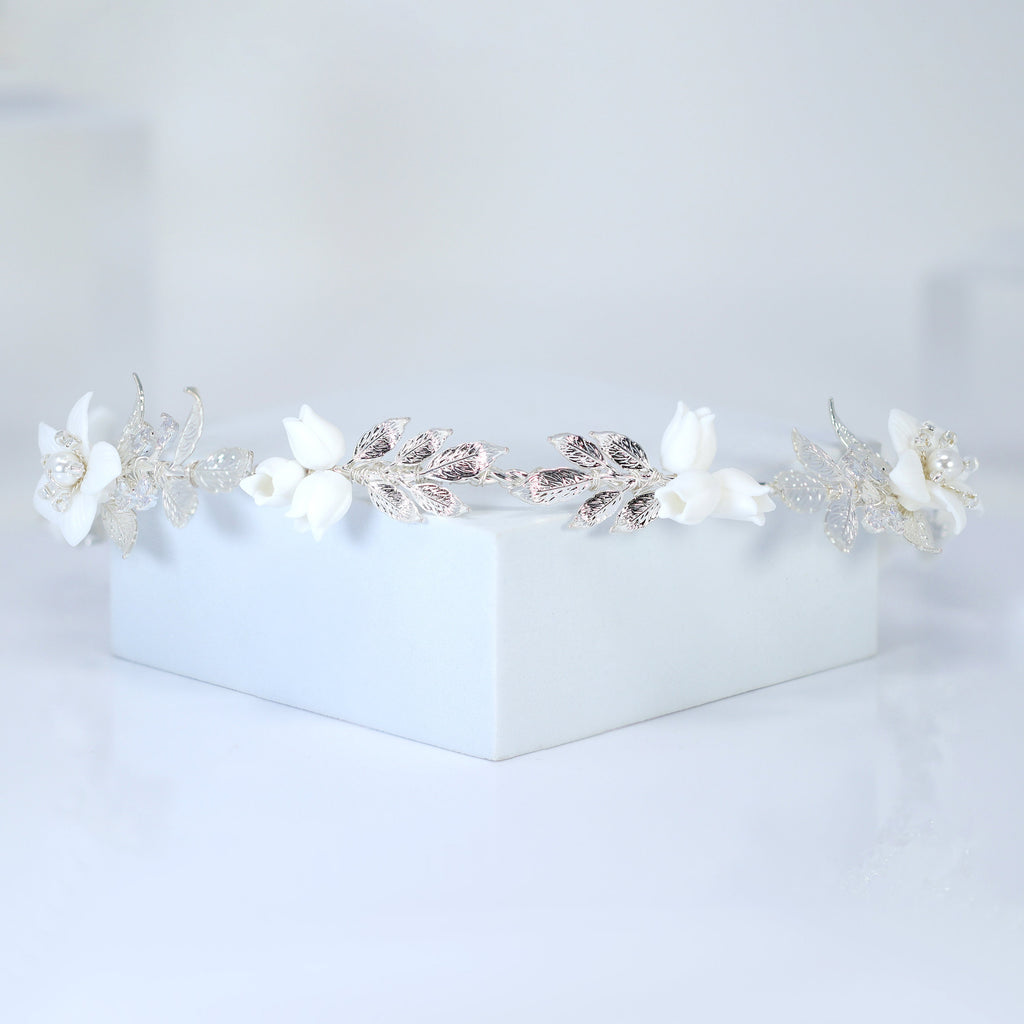 Swarovski Crystals, Pearls White Floral Vine Leaves Wedding Headband, Bridal Rhinestone Head Vine, Statement hair accessories.