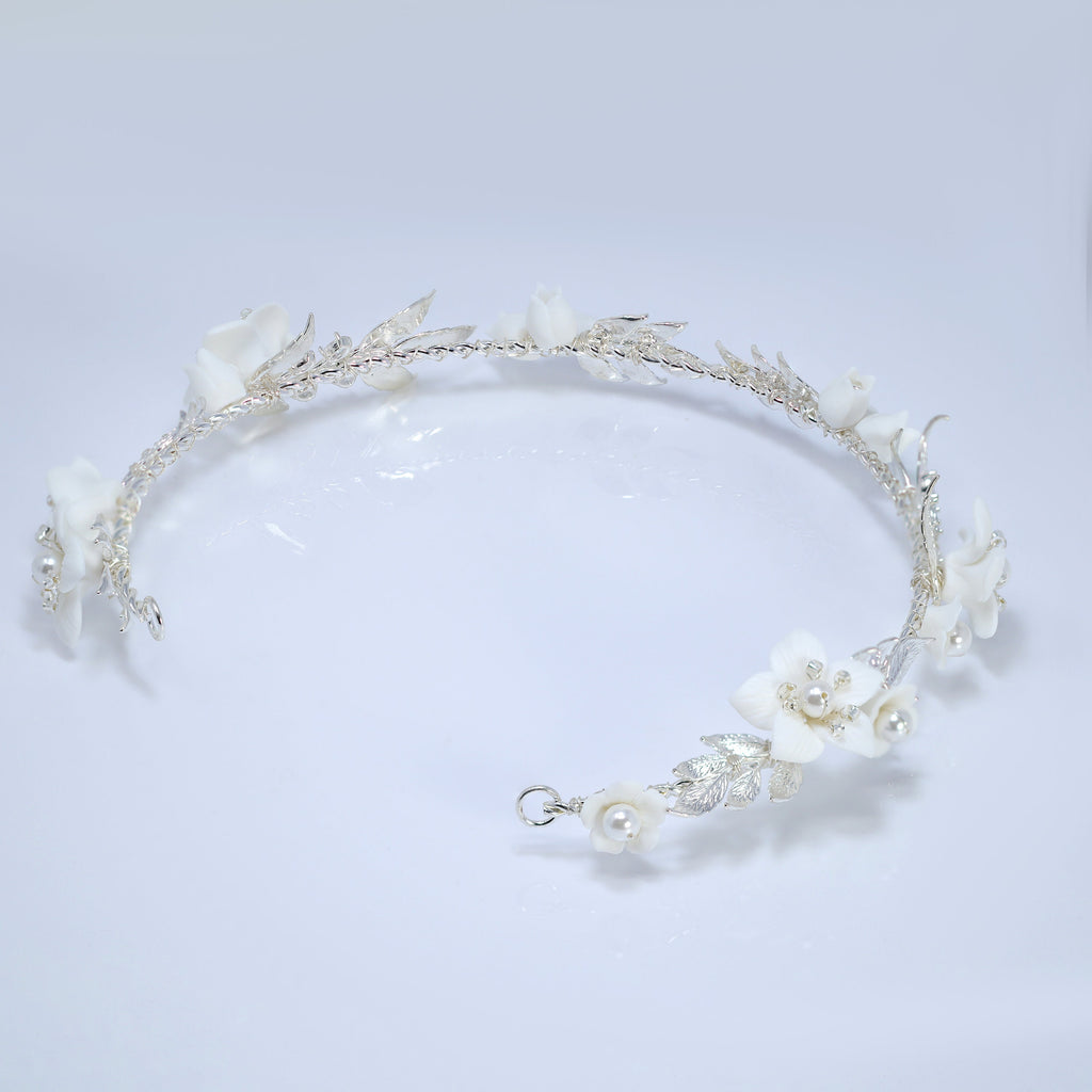 Swarovski Crystals, Pearls White Floral Vine Leaves Wedding Headband, Bridal Rhinestone Head Vine, Statement hair accessories.