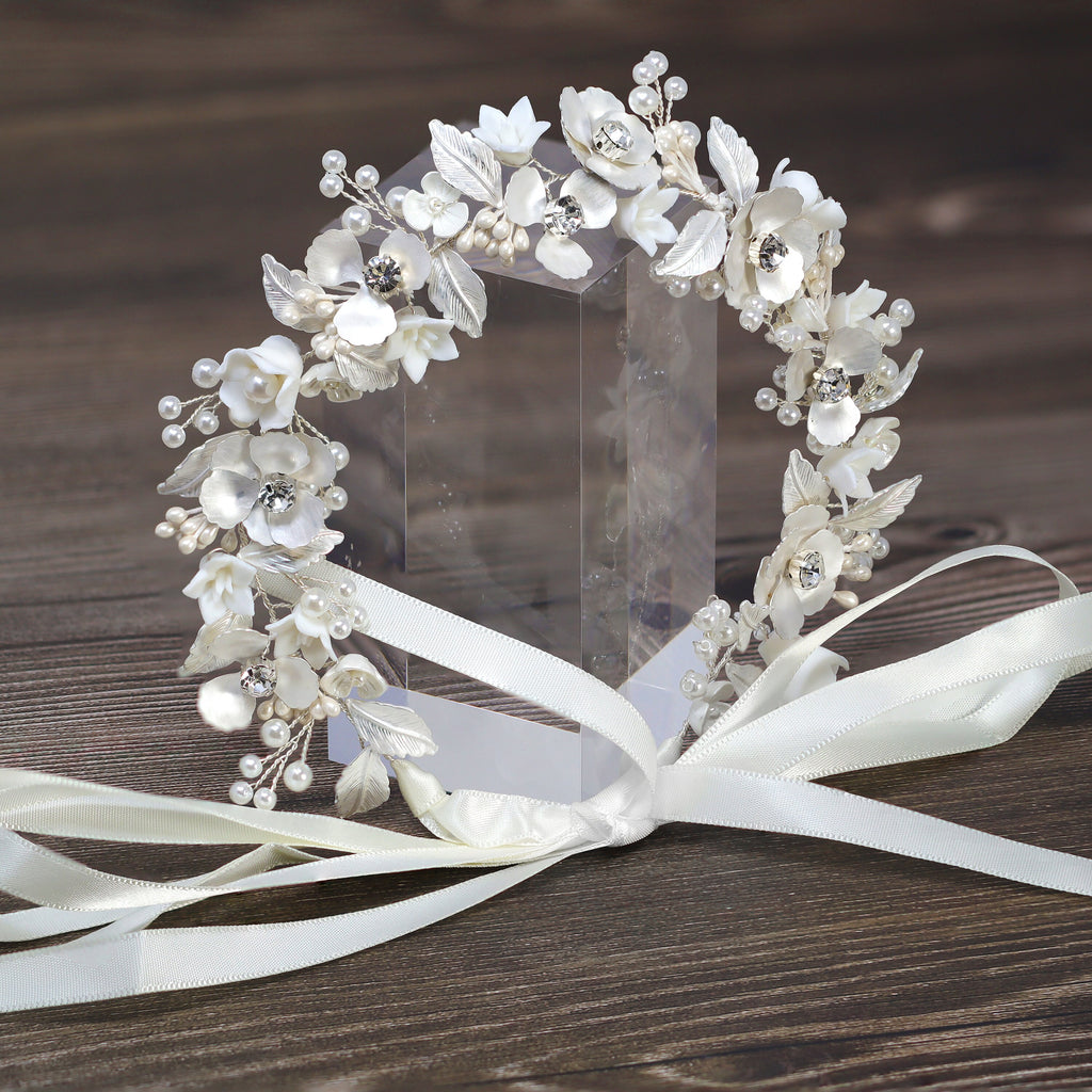 Swarovski Crystal Faux Pearls White Floral Vine Leaves Cascade Wedding Headband, Bridal Rhinestone Hair Vine, Statement hair accessories.