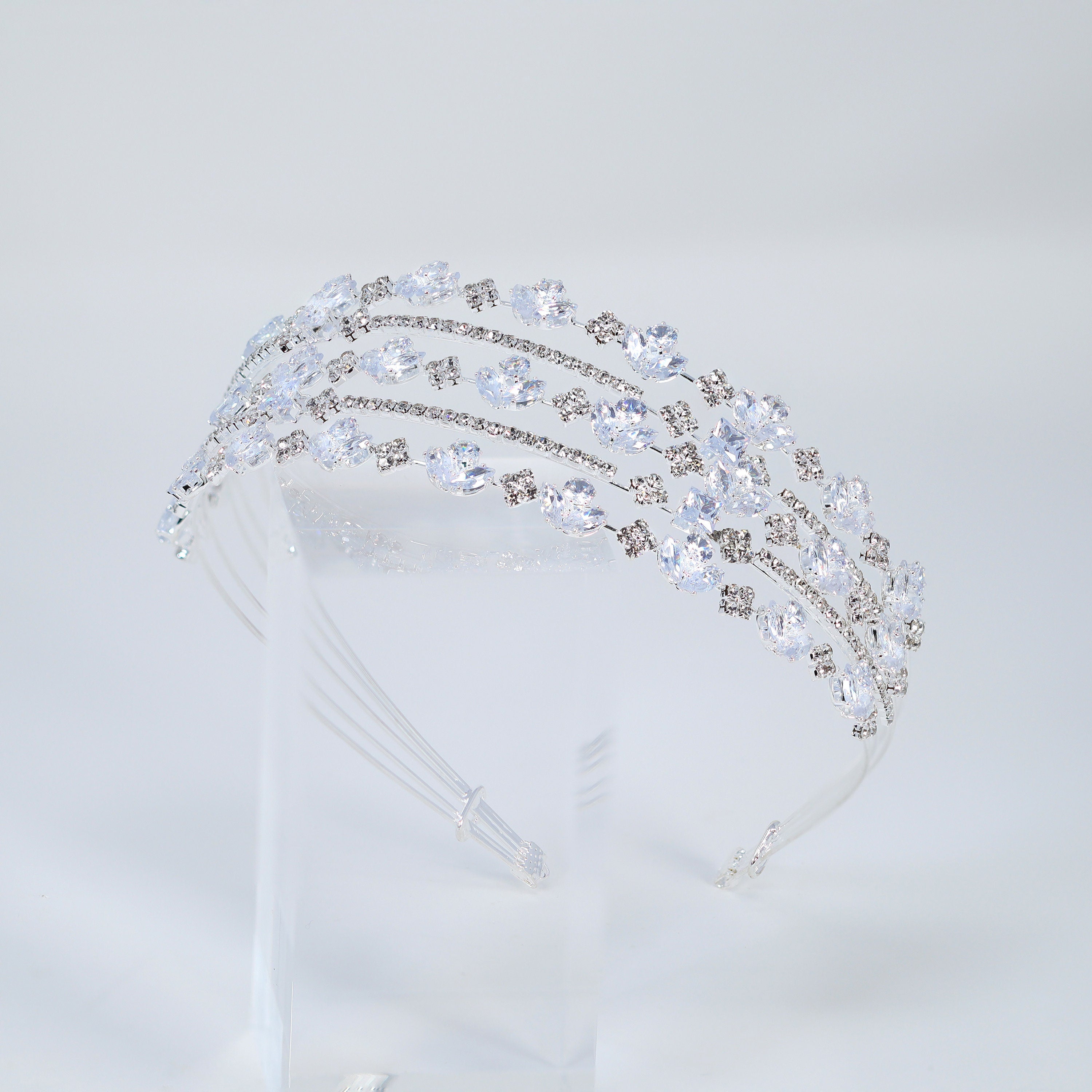 Swarovski Crystals Sparkling Flora Vine Leaves Three Layer Silver Headband, Hair Vine Headband, Bridal Hair, Rhinestone Delicate Headband.