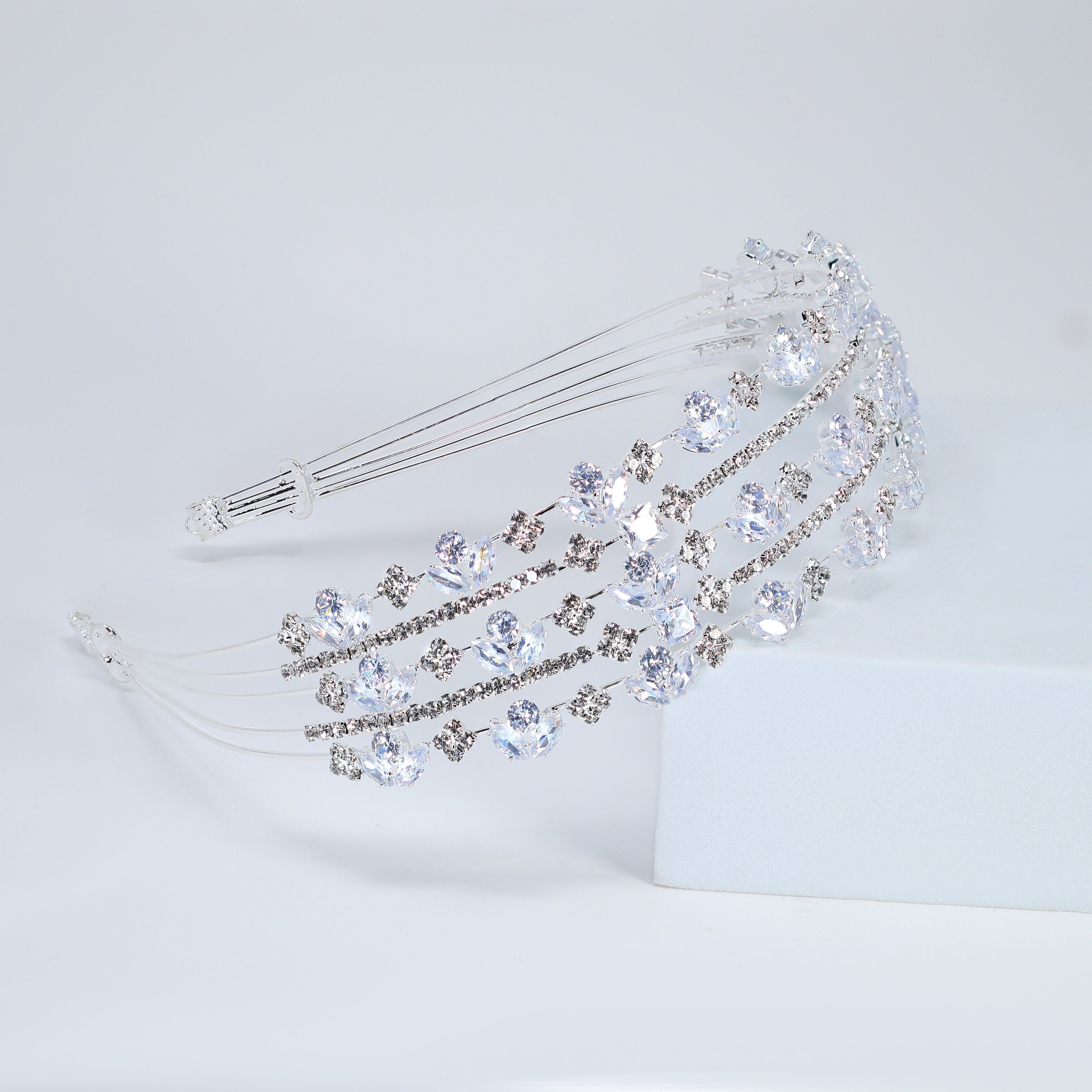 Swarovski Crystals Sparkling Flora Vine Leaves Three Layer Silver Headband, Hair Vine Headband, Bridal Hair, Rhinestone Delicate Headband.
