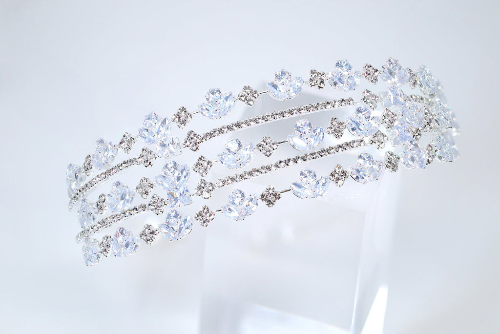 Swarovski Crystals Sparkling Flora Vine Leaves Three Layer Silver Headband, Hair Vine Headband, Bridal Hair, Rhinestone Delicate Headband.