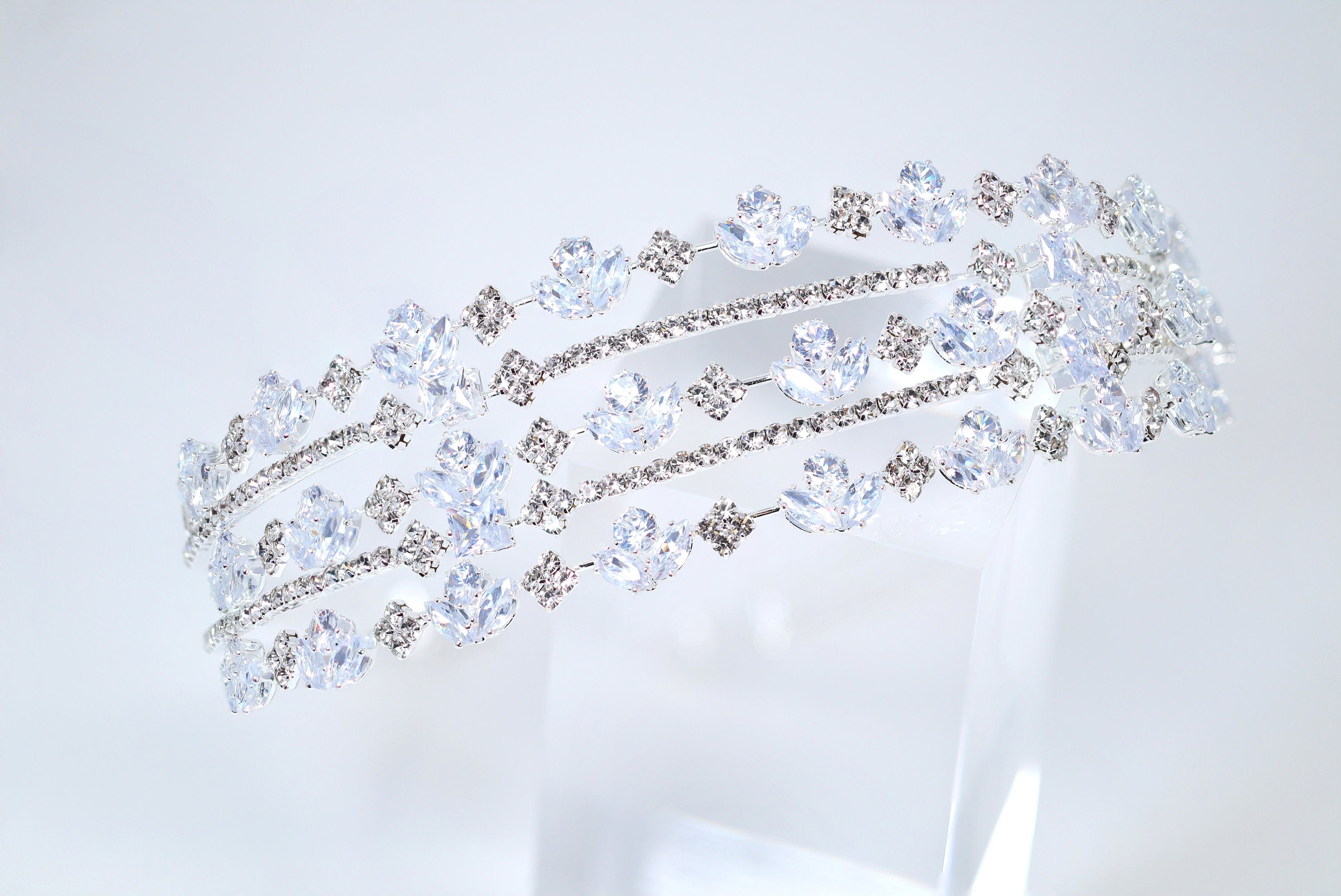 Swarovski Crystals Sparkling Flora Vine Leaves Three Layer Silver Headband, Hair Vine Headband, Bridal Hair, Rhinestone Delicate Headband.