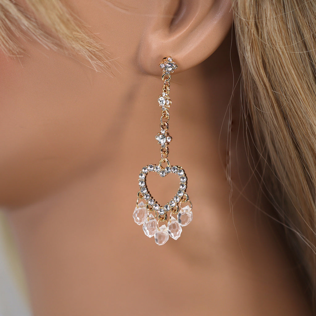 Golden Heart Drop Rhinestone Crystal tassel Earrings, Long Tassel Earrings, Valentine Statement earrings.