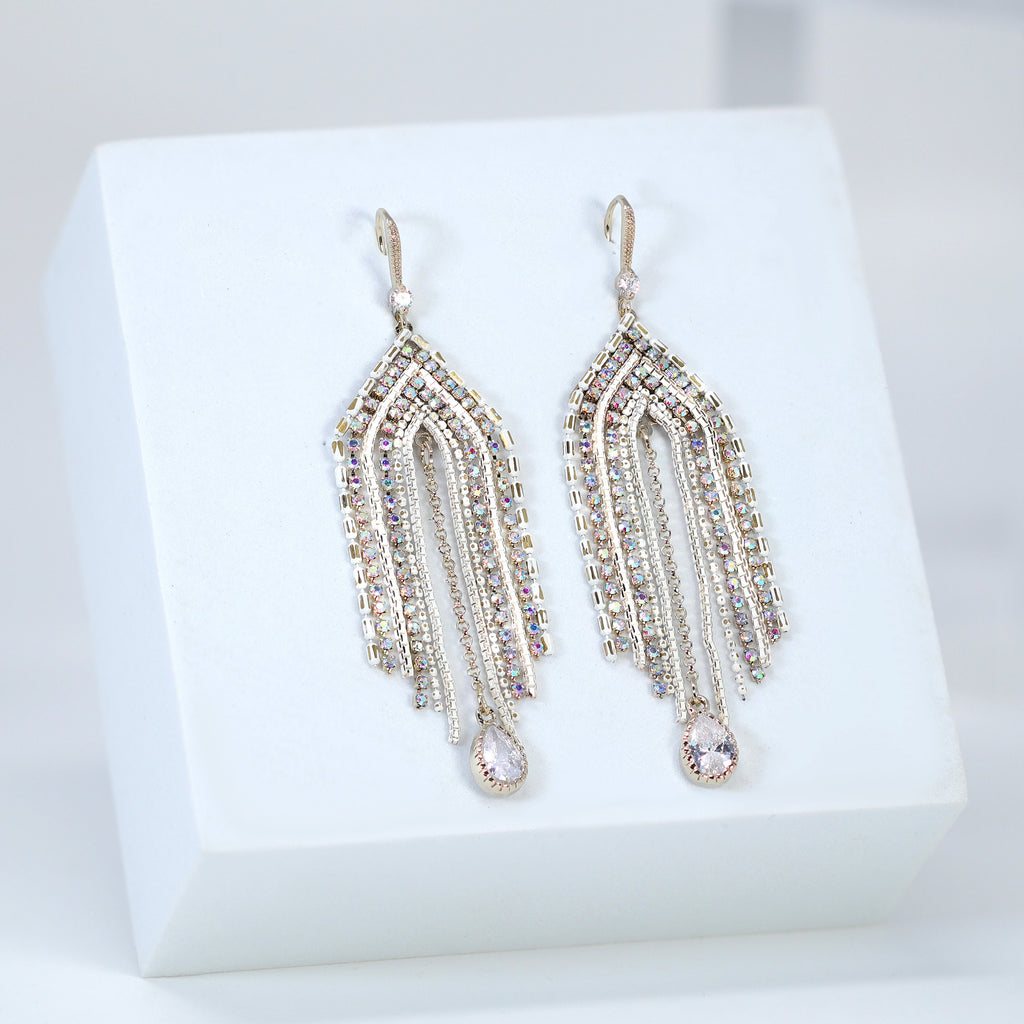 Elegant Waterfalls - Gold Swarovski AB Crystal Ear wire Chandelier Drop Earrings, Long Tassel Bridal Jewelry, Crystal Statement Earring.
