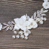 Swarovski Crystals Pearls And White Roses In A Floral Vine Leaves Wedding Headband, Bridal Rhinestone Head Vine, Statement hair accessories.