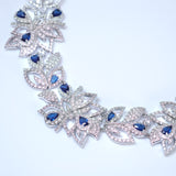 Swarovski Crystal Blue Drops On Lotus Diamond/Crystal Necklace, Bridal Necklace Set, Bridal Jewelry, Statement Necklace