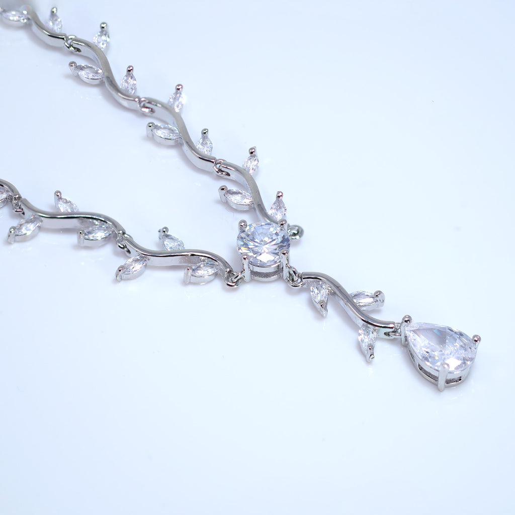 Swarovski Crystal Dainty Leaves Vine Center Of Attraction Necklace, Long Bridal Jewelry, Bridal Earrings Necklace, Statement Cz Set.
