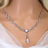 Swarovski Crystal Dainty Leaves Vine Center Of Attraction Necklace, Long Bridal Jewelry, Bridal Earrings Necklace, Statement Cz Set.