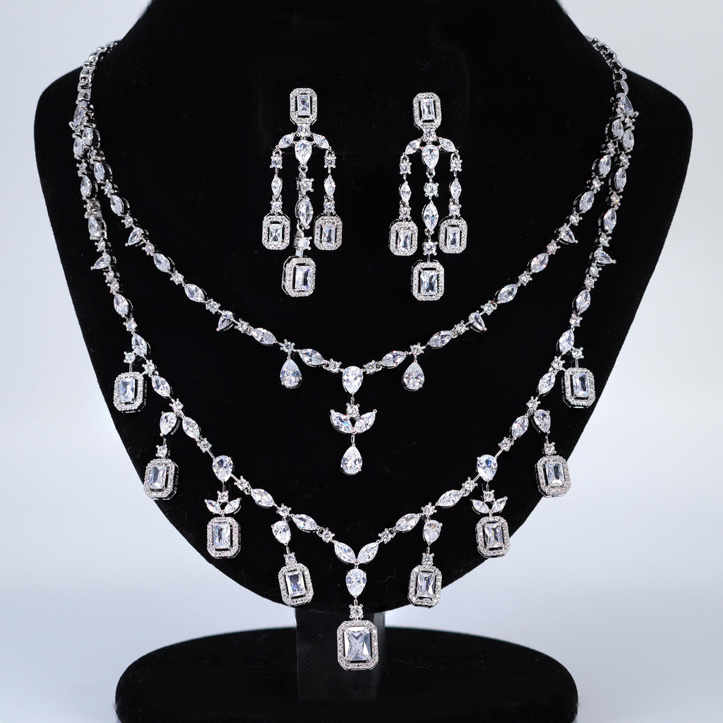 Swarovski Crystal Graceful Twin Strand Queen Diamond/Crystal Necklace Set, Bridal Necklace Set, Bridal Jewelry, Statement Necklace