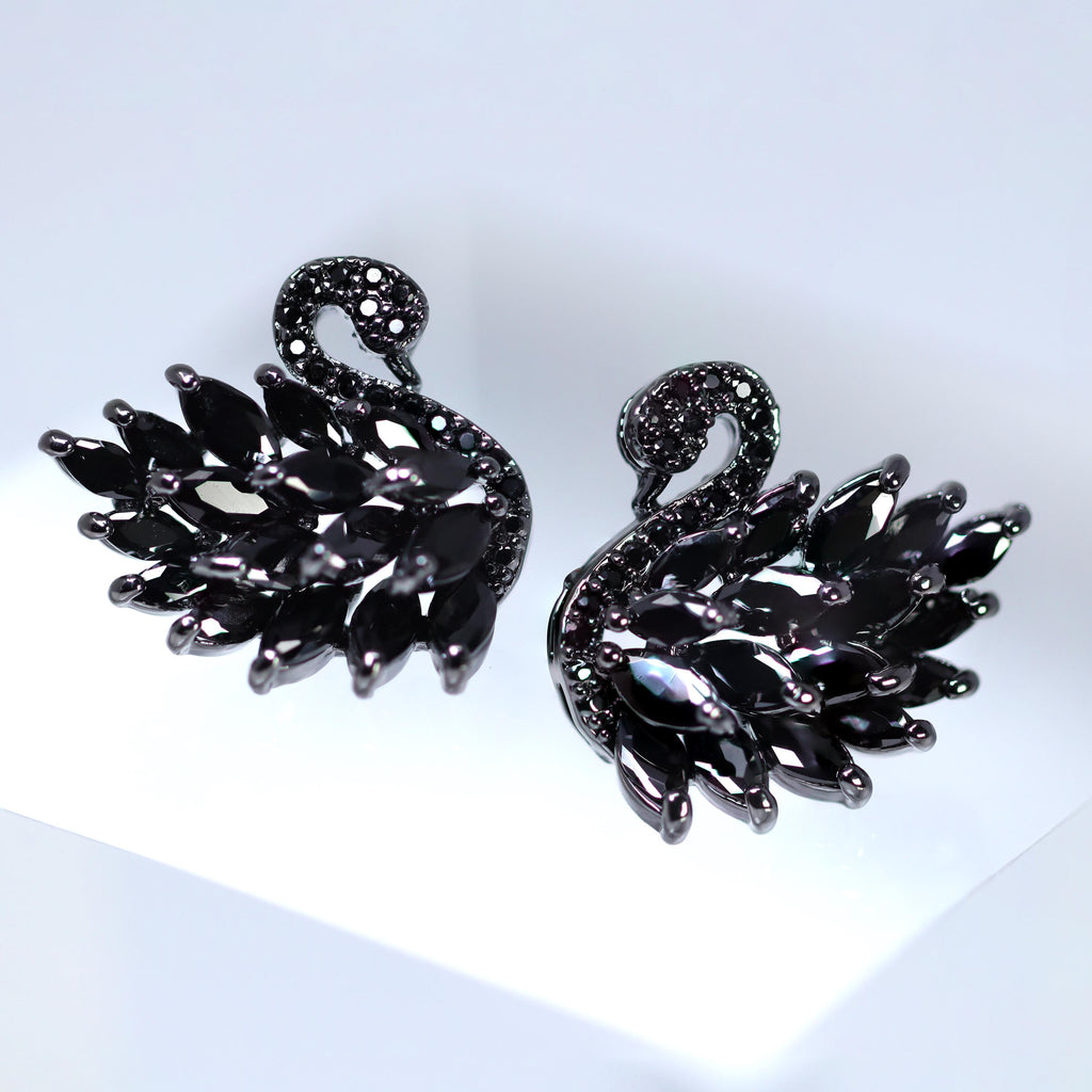 Swarovski Diamond black Swan stud Earrings, Bridal Jewelry, Bridal Stud Earrings, Crystal Bridal Earrings, Statement Earrings Cz