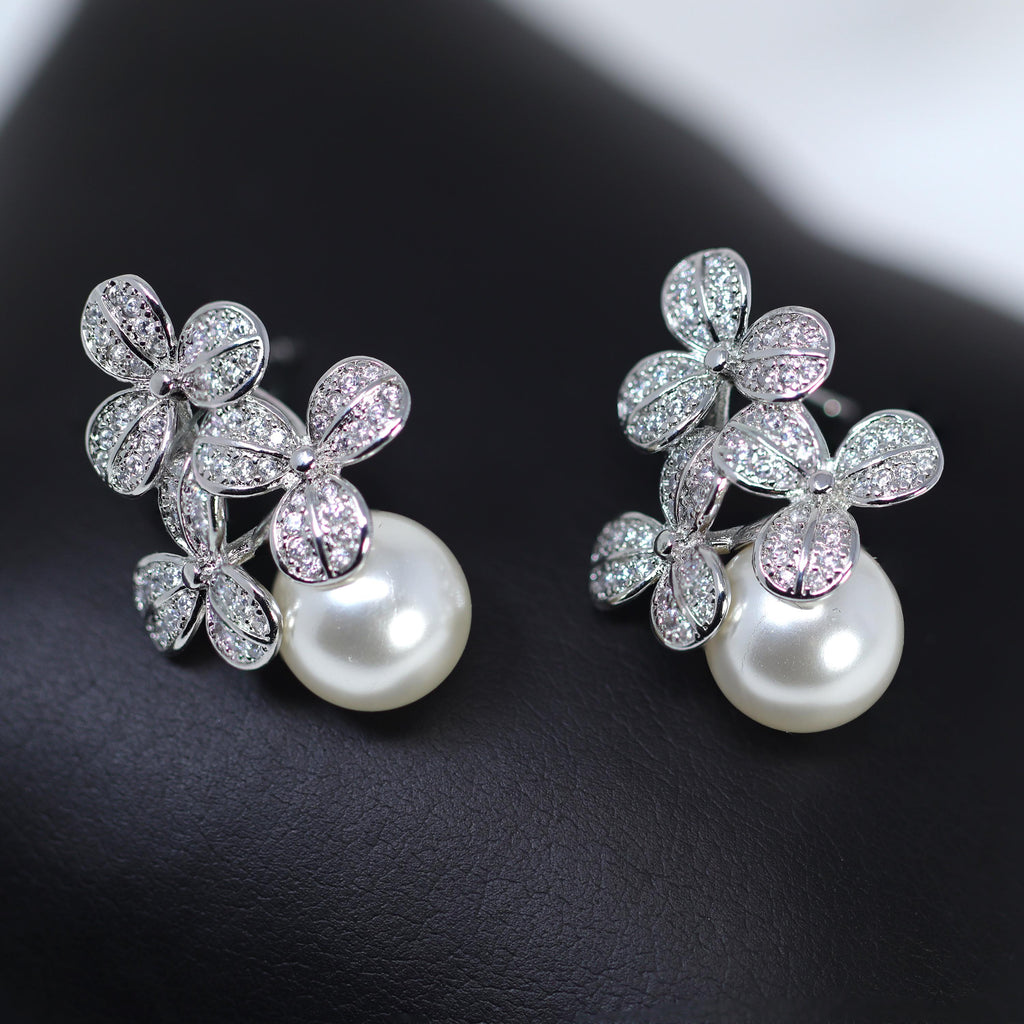 Swarovski Flowers In A Pearly Bouquet For Queen Stud Earrings, Bridal Jewelry, Crystal Bridal Earrings, Statement Earrings Cz