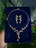 Swarovski Crystal Vine Leaves Necklace, Long Bridal Jewelry, Bridal Earrings And Necklace, Statement Earrings Cz Necklace Set.