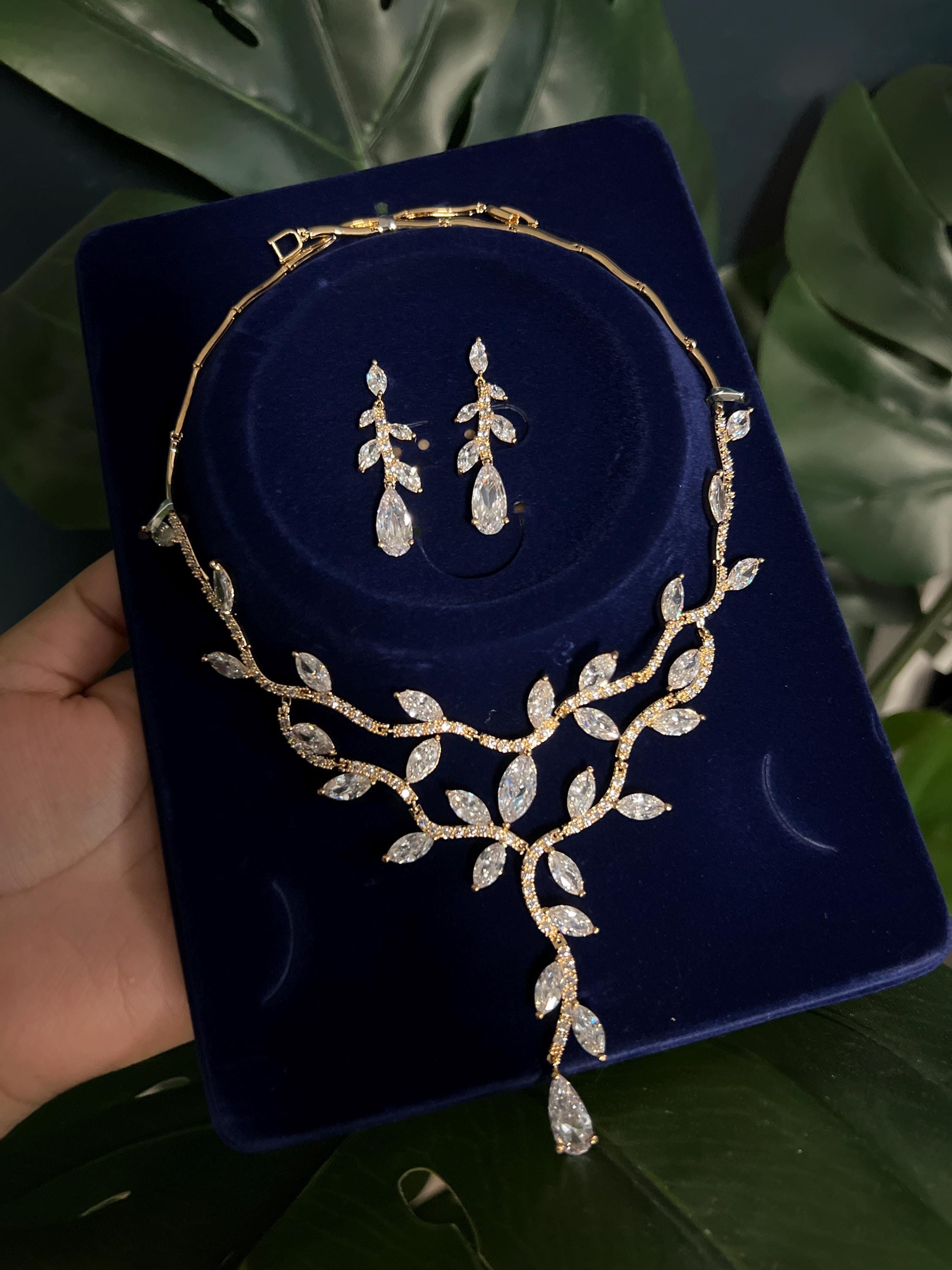 Swarovski Crystal Two Vine Leaves Necklace, Long Bridal Jewelry, Bridal Earrings And Necklace, Statement Earrings Cz Necklace Set.