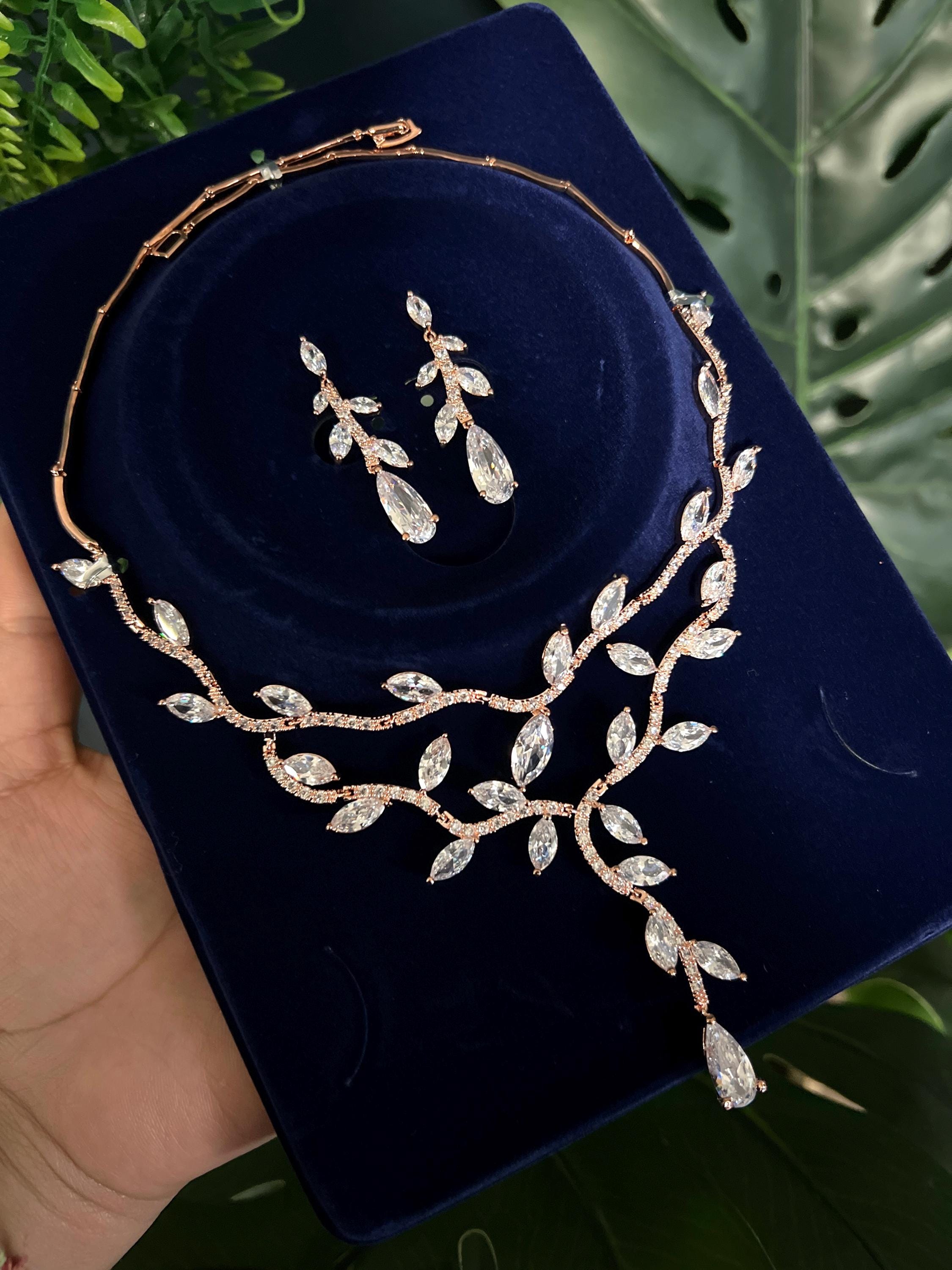Swarovski Crystal Two Vine Leaves Necklace, Long Bridal Jewelry, Bridal Earrings And Necklace, Statement Earrings Cz Necklace Set.