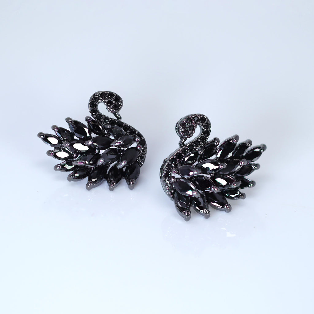 Swarovski Diamond black Swan stud Earrings, Bridal Jewelry, Bridal Stud Earrings, Crystal Bridal Earrings, Statement Earrings Cz