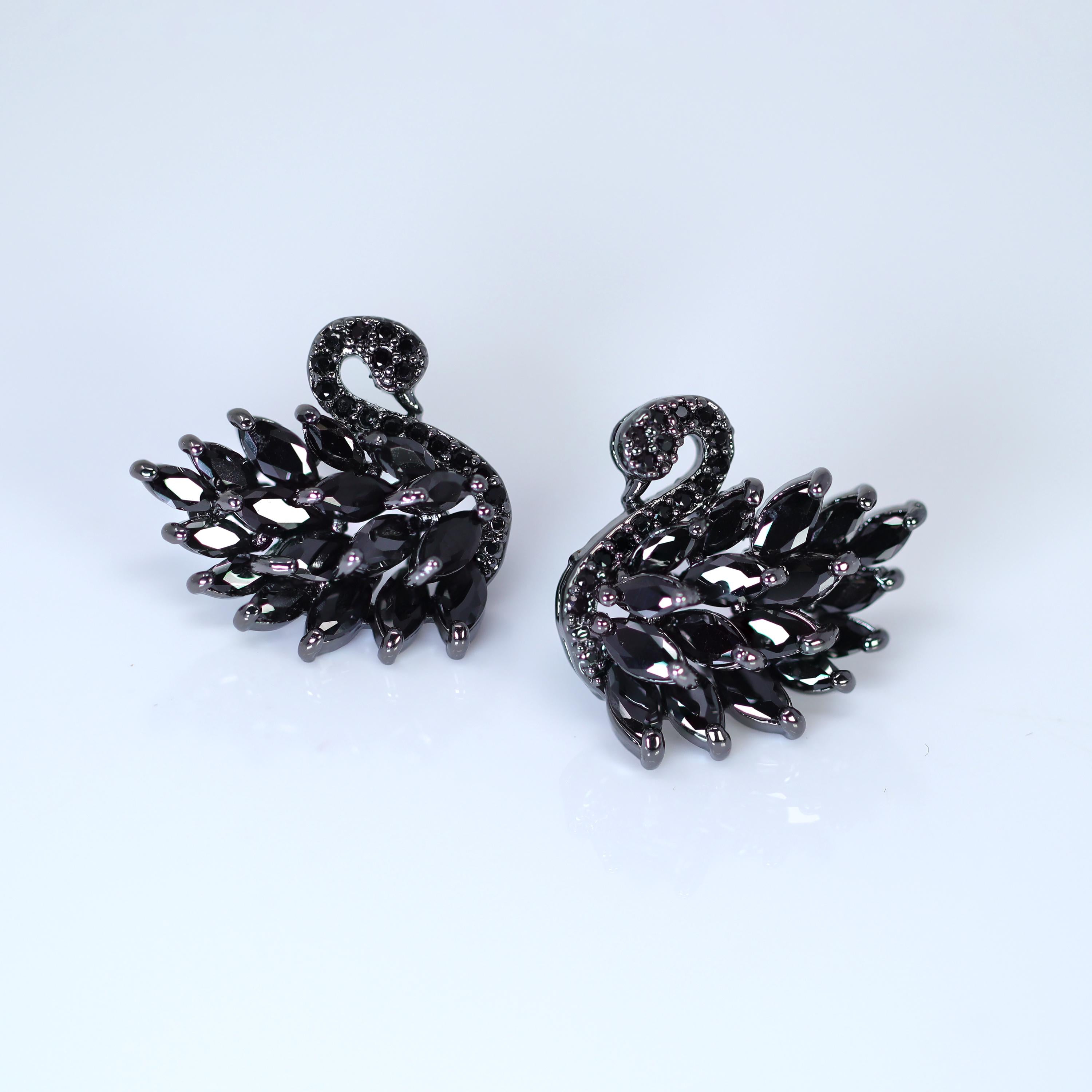 Swarovski Diamond black Swan stud Earrings, Bridal Jewelry, Bridal Stud Earrings, Crystal Bridal Earrings, Statement Earrings Cz