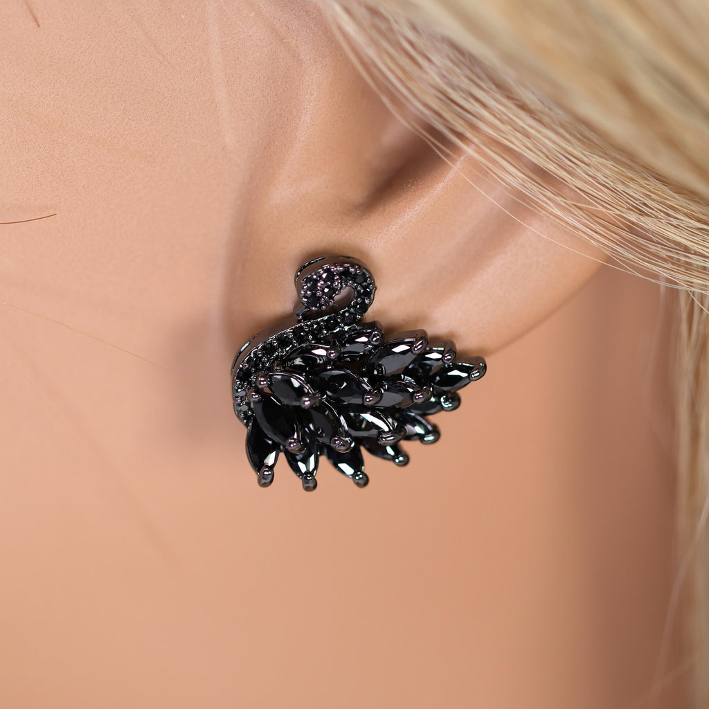 Swarovski Diamond black Swan stud Earrings, Bridal Jewelry, Bridal Stud Earrings, Crystal Bridal Earrings, Statement Earrings Cz
