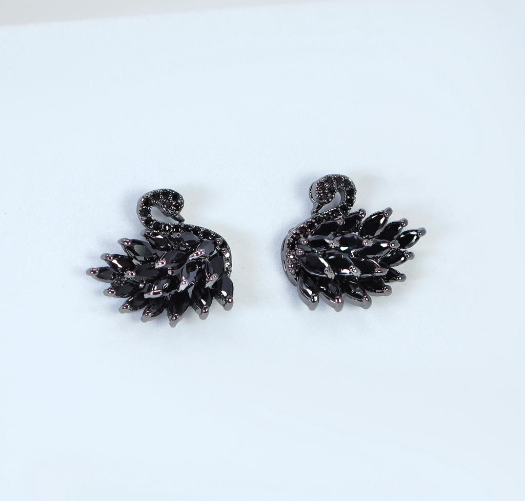 Swarovski Diamond black Swan stud Earrings, Bridal Jewelry, Bridal Stud Earrings, Crystal Bridal Earrings, Statement Earrings Cz