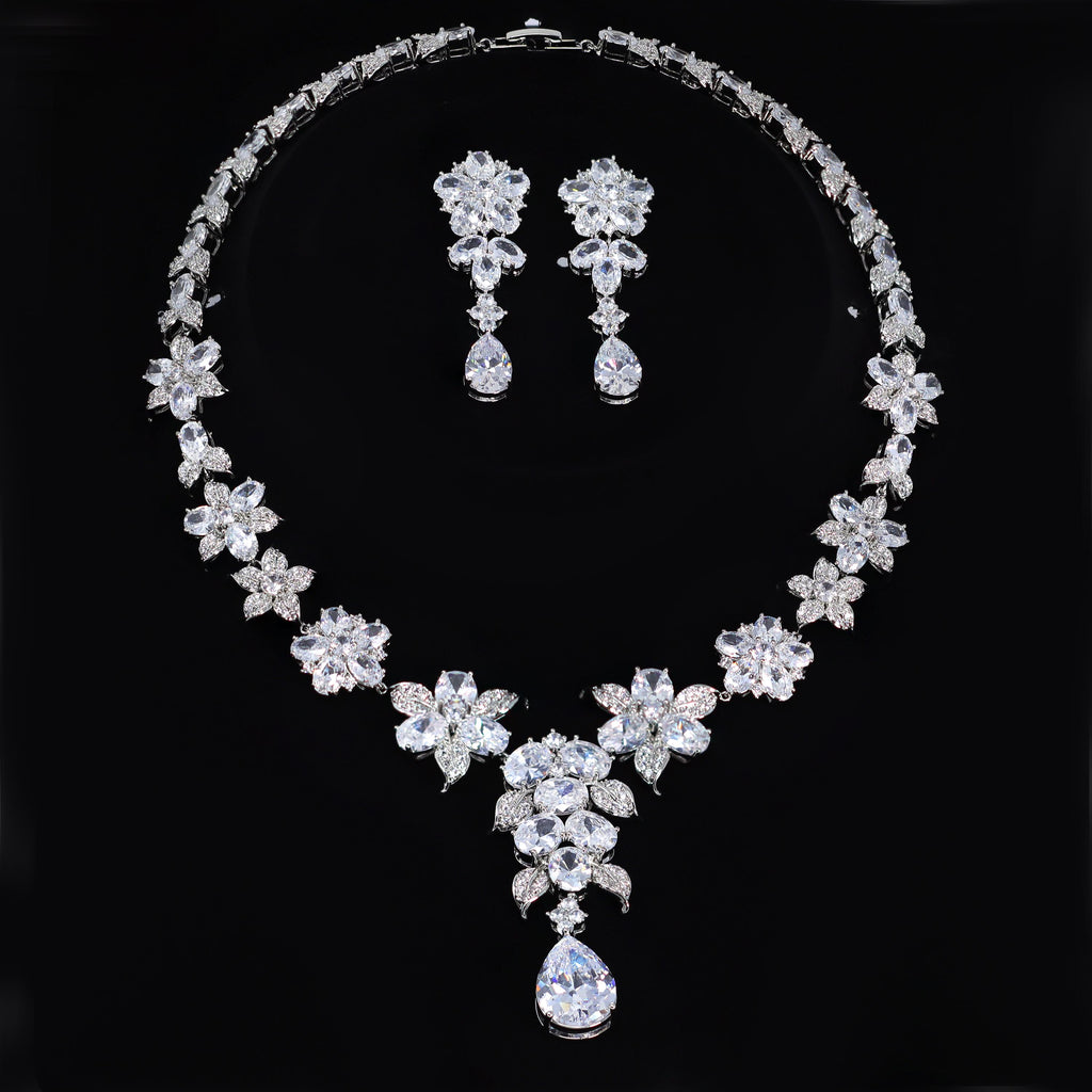Swarovski Royal Floral Bouquet Necklace and Earrings Set , Bridal Jewelry Set, Bridal Earrings And Necklace, Statement Earrings CZ