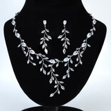 Swarovski Crystal diamond Leafy Elegance Vine Leaves Necklace, Long Bridal Jewelry, Bridal Earrings, CZ Statement Set.