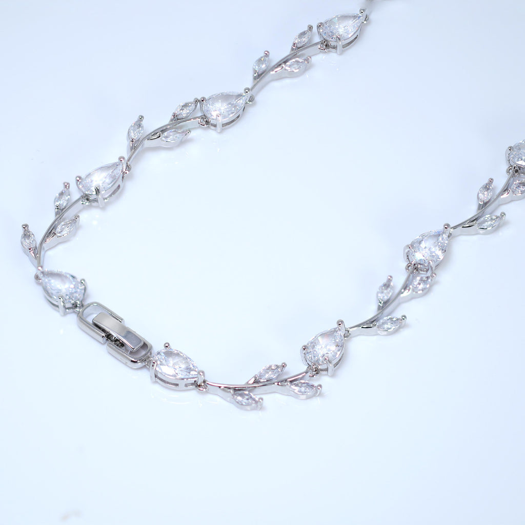 Swarovski Crystal diamond Leafy Elegance Vine Leaves Necklace, Long Bridal Jewelry, Bridal Earrings, CZ Statement Set.