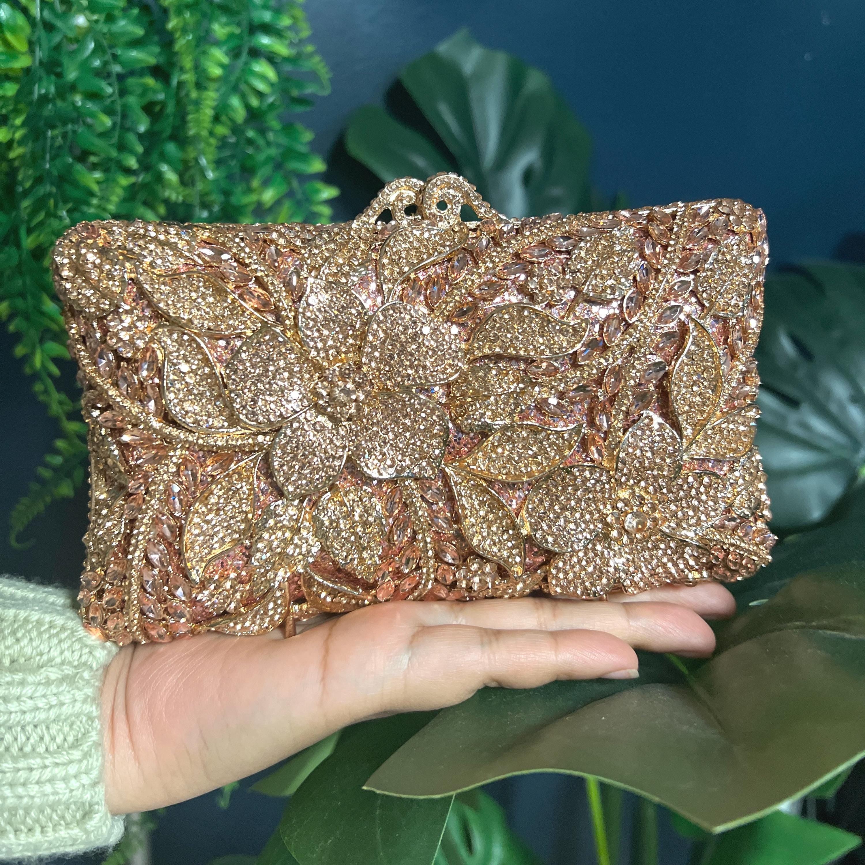Shinny Silver Rhinestone Embellished Floral Garden Wedding Clutch, Statement Bag, Evening Wedding Clutch, Cross Body Bag