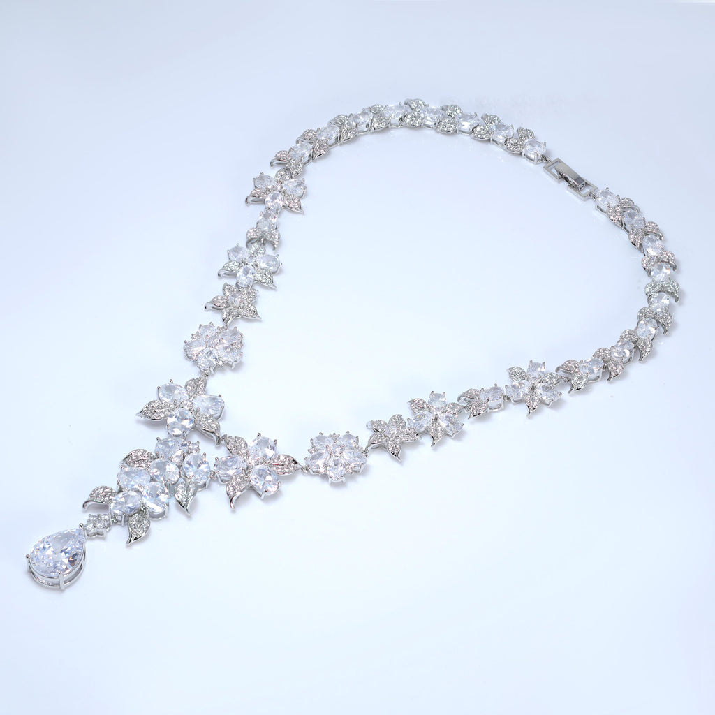 Swarovski Royal Floral Bouquet Necklace and Earrings Set , Bridal Jewelry Set, Bridal Earrings And Necklace, Statement Earrings CZ