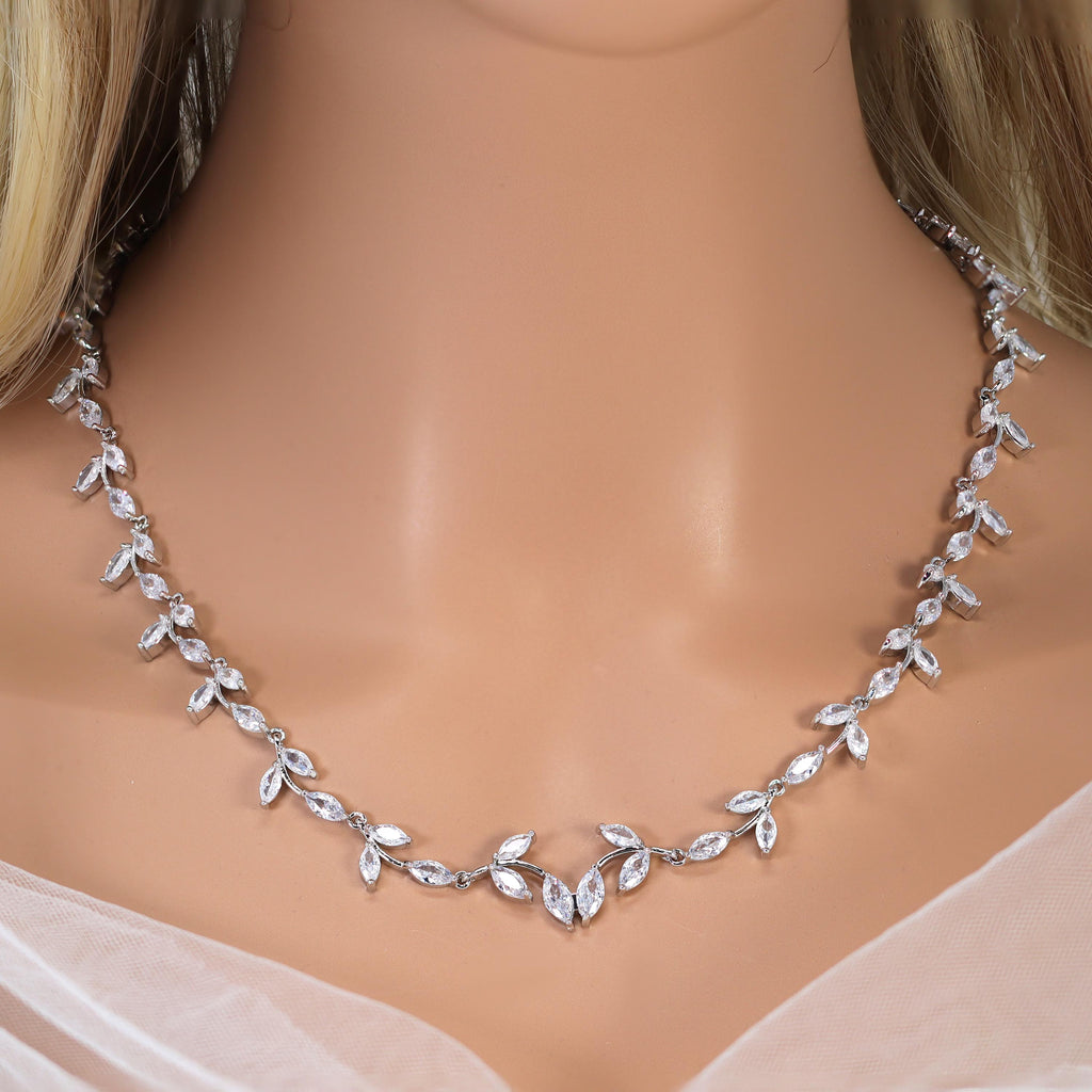 Swarovski Crystal Dainty Vine Leaves Nature's Embrace Necklace Set, Long Bridal Jewelry Set, Crystal Bridal Earrings, Statement Earrings