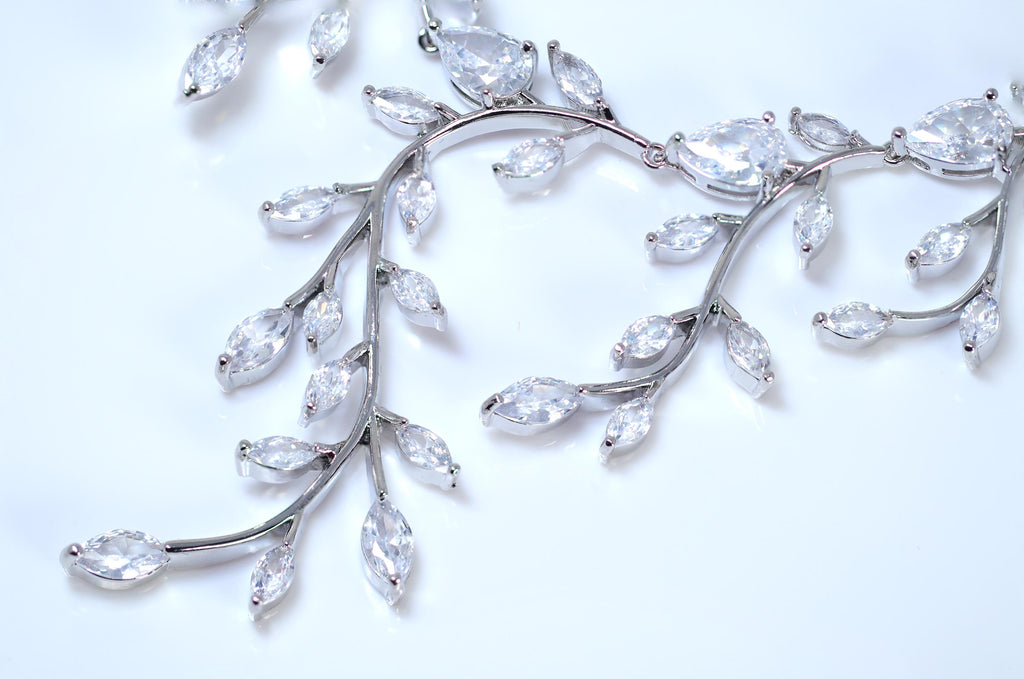 Swarovski Crystal diamond Leafy Elegance Vine Leaves Necklace, Long Bridal Jewelry, Bridal Earrings, CZ Statement Set.
