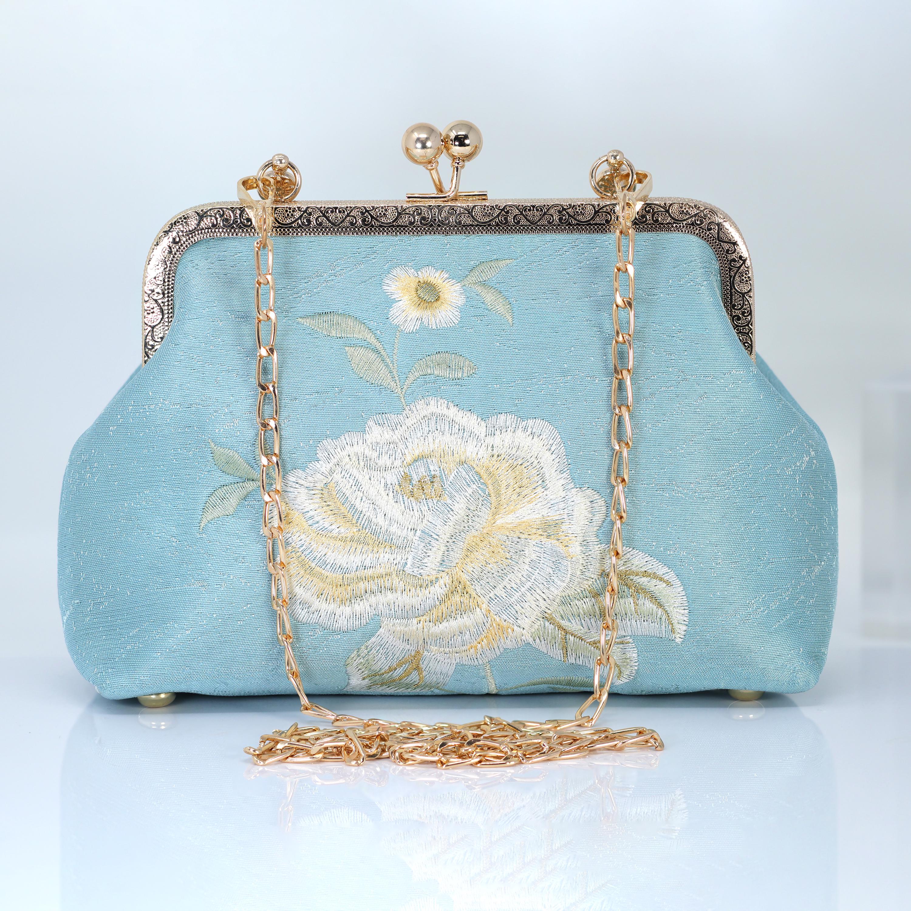 Cream Beige Gold Embroidered Rose Floral Wedding Bag, Statement Bag, Evening Clutch, Wedding Clutch, Bridal Clutch, White Cross Body Bag