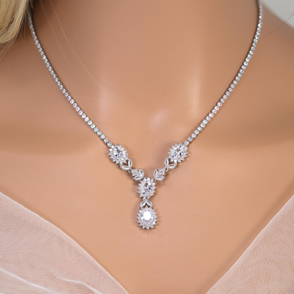 Swarovski Crystal Bridal Floral Serenity Leaves Necklace , Long Bridal Jewelry, Bridal Necklace, Statement Necklace Cz Necklace Set.