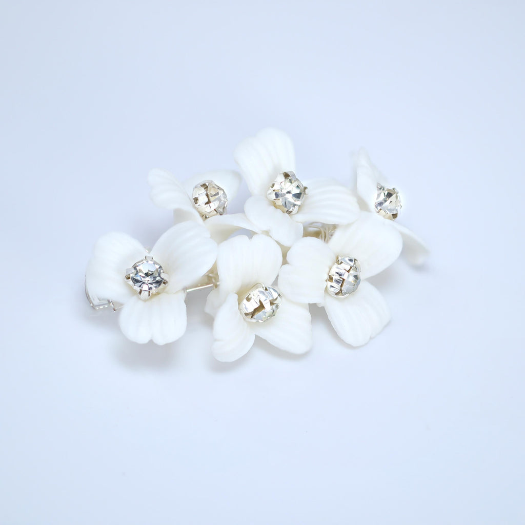 Swarovski Crystal Dainty Porcelain White Flower Bloom Bridal Hair Clip, Bridesmaid Gift, Wedding Hair Accessory.