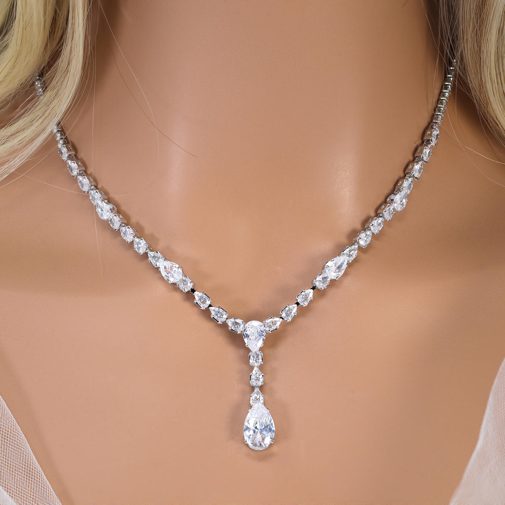 Swarovski Bridal Dainty Teardrop Necklace, Long Bridal Jewelry, Art Deco Bridal Necklace, Statement Necklace Necklace Set.