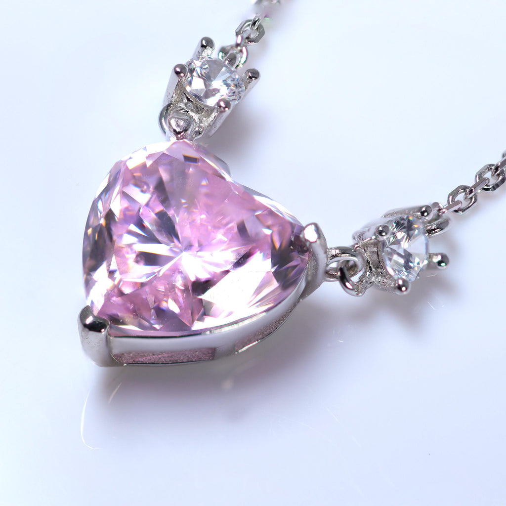18k White Gold Swarovski Crystal Blushing Beauty Pink Heart Necklace , Sterling Silver Valentine's Day Gift For Her, Statement Necklace Cz