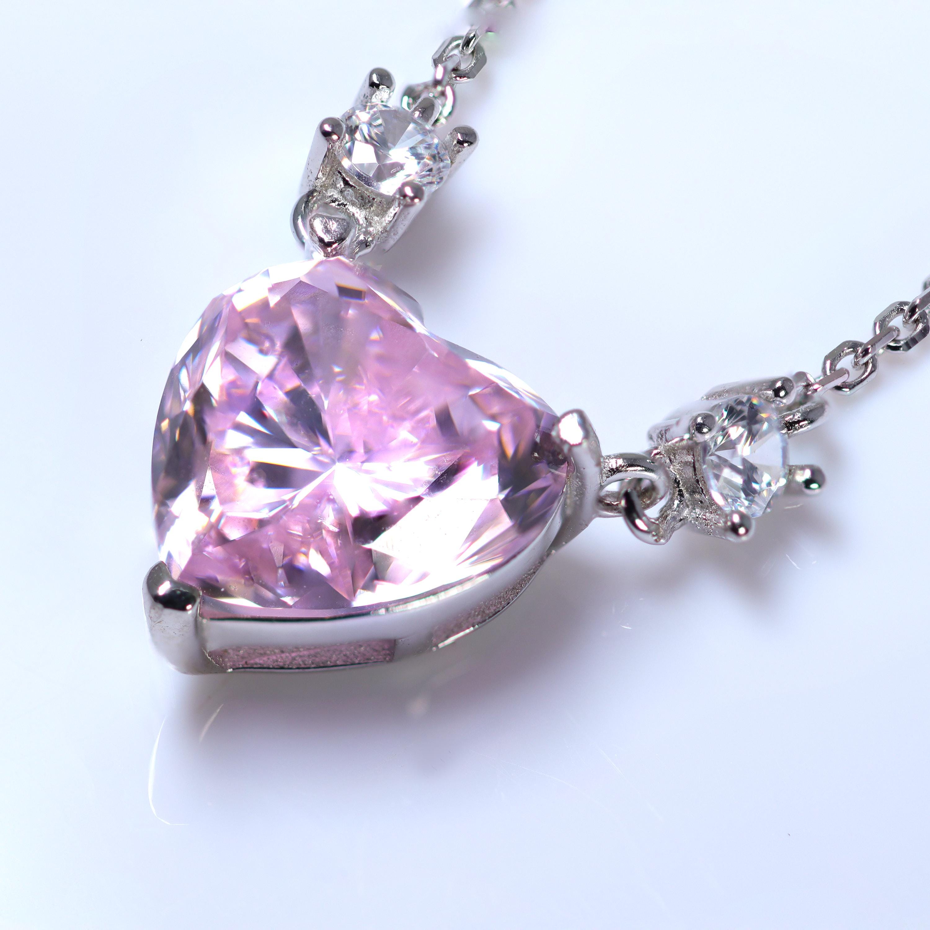 18k White Gold Swarovski Crystal Blushing Beauty Pink Heart Necklace , Sterling Silver Valentine's Day Gift For Her, Statement Necklace Cz