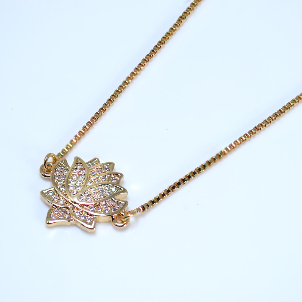 Shimmering Gold Lotus Charm Necklace, Bride to be, Valentine's Day Gift For Her, Galentine's Day, Statement Necklace Cz