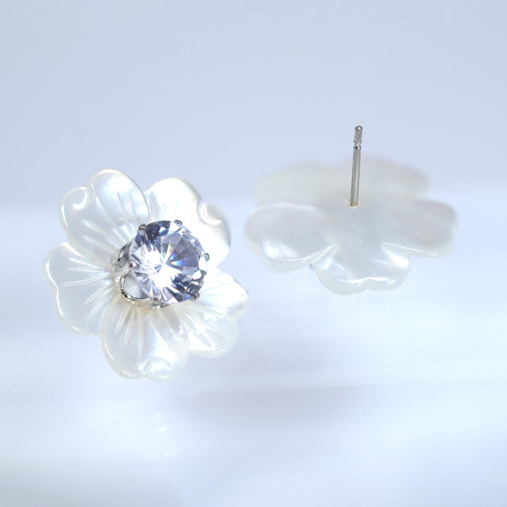 CZ Diamond With Mother Of Pearl Carved White Flower Earrings, Bridal Jewelry Bridal Peach flower Stud Earrings Pearl Stud Statement Earrings