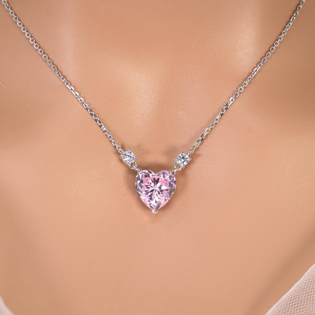 18k White Gold Swarovski Crystal Blushing Beauty Pink Heart Necklace , Sterling Silver Valentine's Day Gift For Her, Statement Necklace Cz