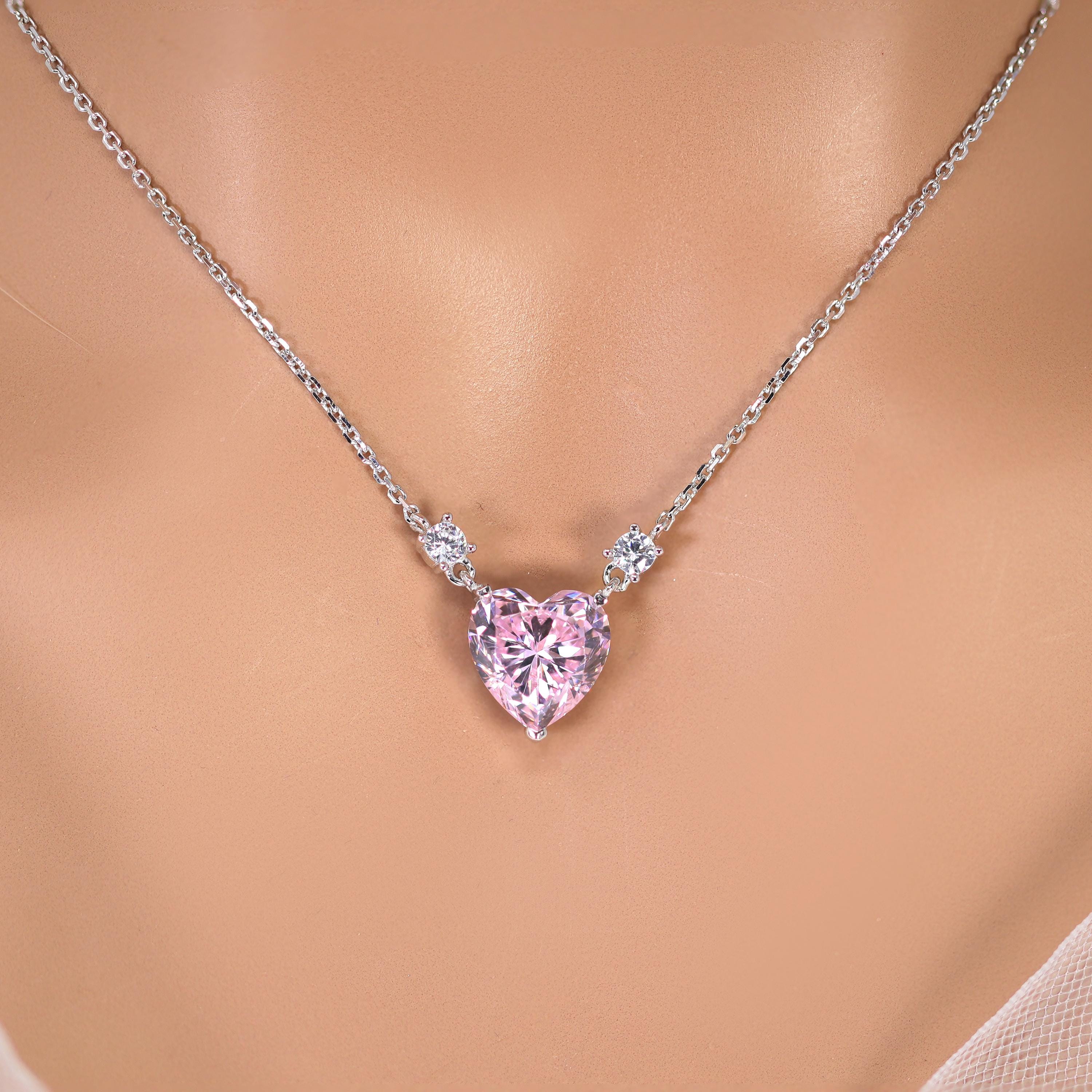 18k White Gold Swarovski Crystal Blushing Beauty Pink Heart Necklace , Sterling Silver Valentine's Day Gift For Her, Statement Necklace Cz