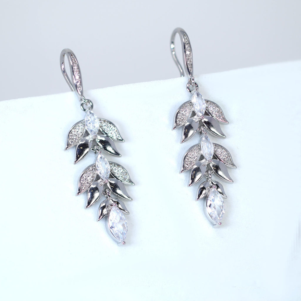Cz Bunch Of Leaf Drop Earrings , Diamond Earrings, Long Bridal Jewelry, Bridal Earrings, Crystal Bridal Earrings, Statement Earrings