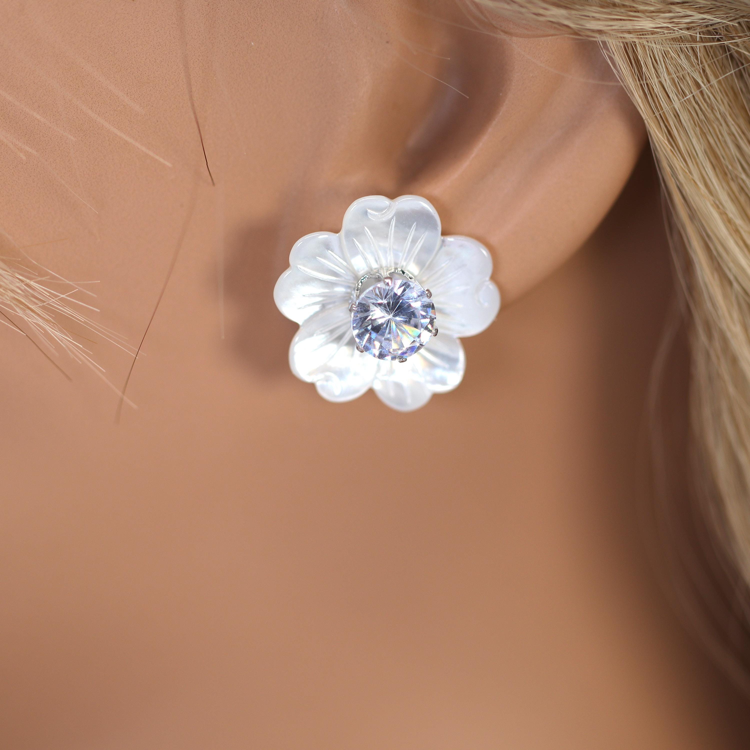 CZ Diamond With Mother Of Pearl Carved White Flower Earrings, Bridal Jewelry Bridal Peach flower Stud Earrings Pearl Stud Statement Earrings