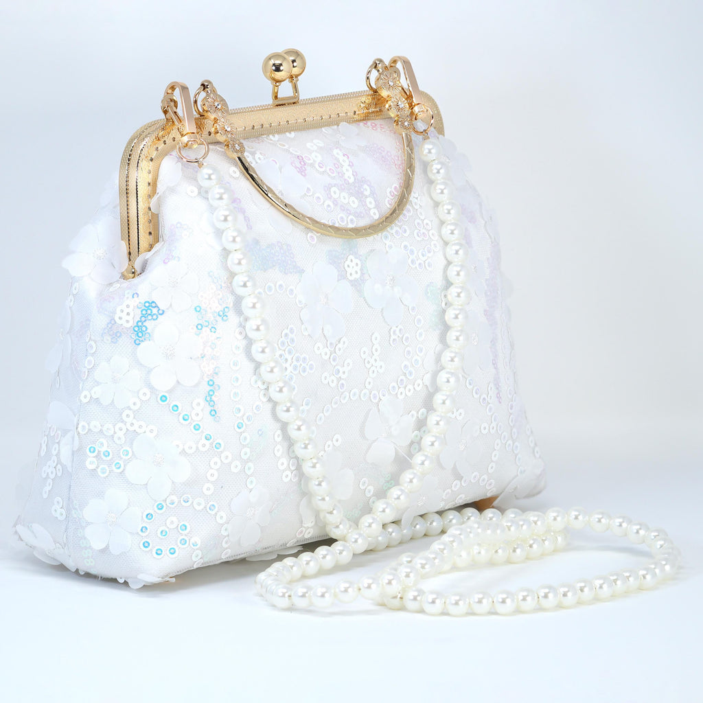Faux Pearl Embroidered Shimmering Rainbow Floral Bouquet Bridal Wedding Bag, Statement Bag, Evening Wedding Clutch, Cross Body Bag