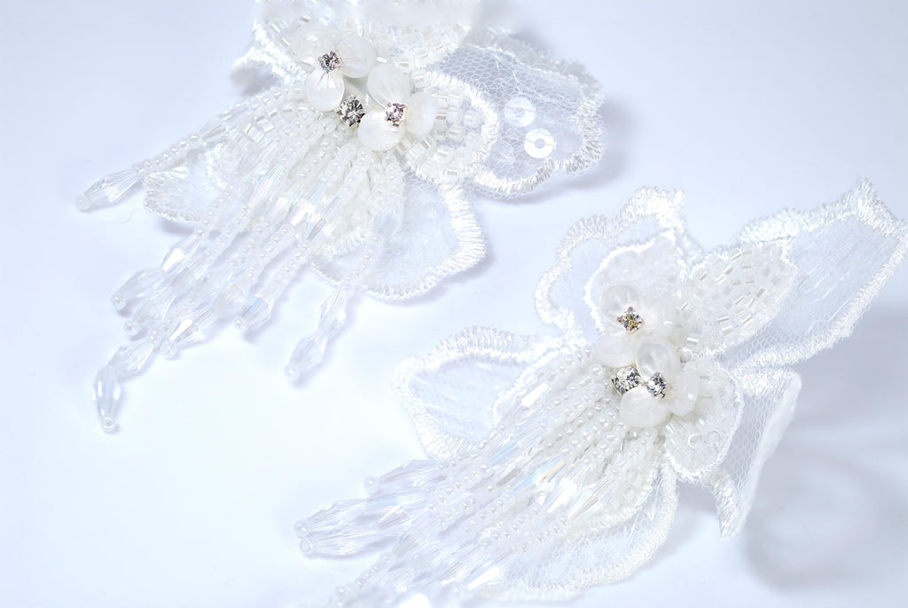 White Embroidered Fabric Flower With Water Droplets Earrings, Long Bridal Jewelry Bridal Earrings Crystal Bridal Earrings Statement Earrings